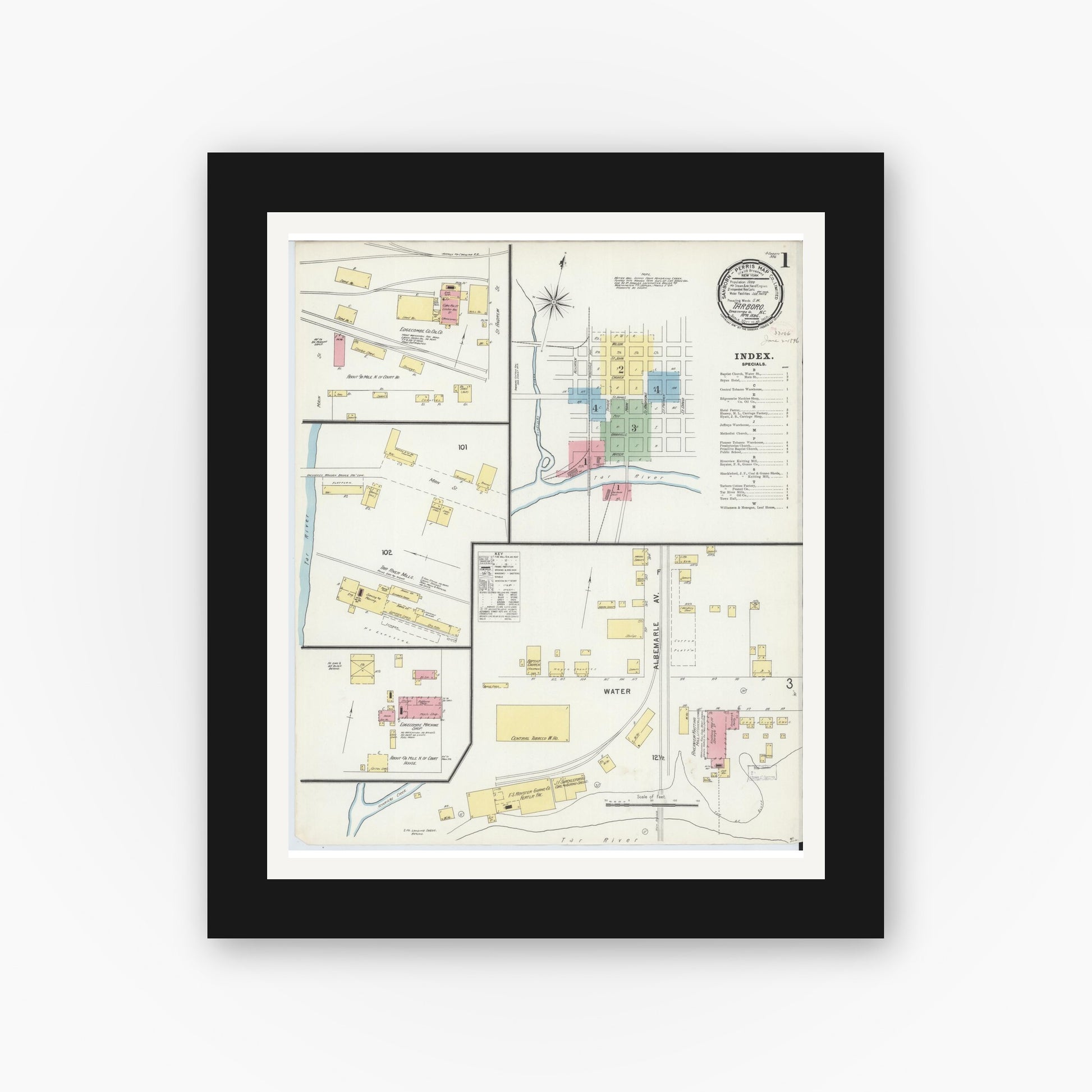 Old map wall art mockup — black gallery frame with white mat — Sanborn Fire Insurance Map from Tarboro, Edgecombe County, North Carolina (1896) - Complete Map Set