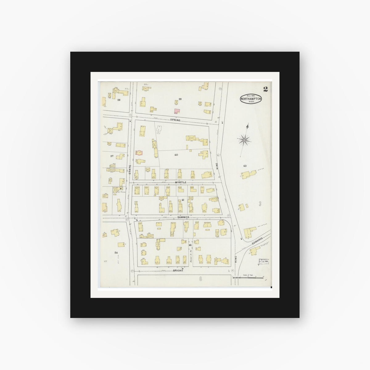 Old map wall art mockup — black gallery frame with white mat — Sanborn Fire Insurance Map from Northampton, Hampshire County, Massachusetts (1895), Sheet #0002