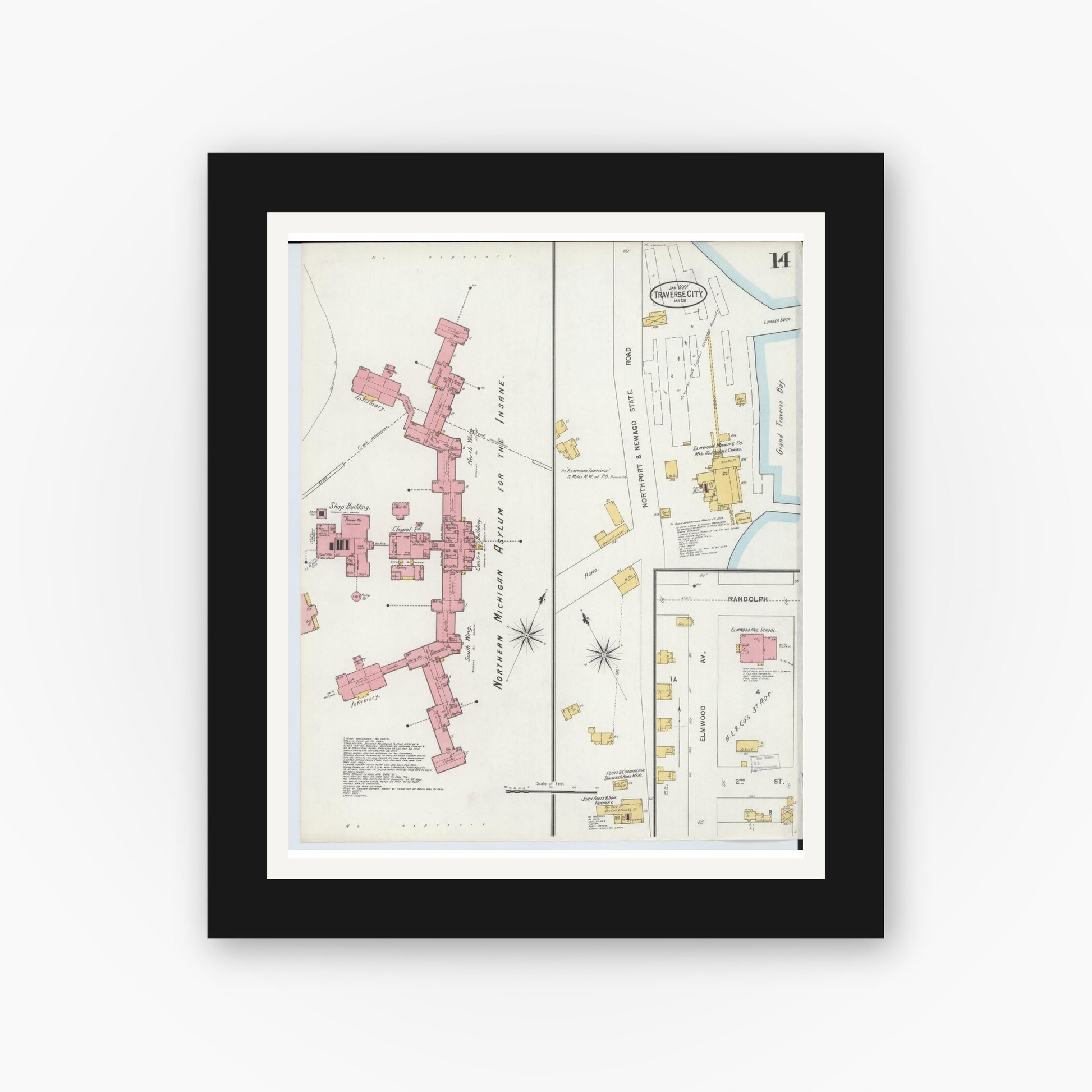 Old map wall art mockup — black gallery frame with white mat — Sanborn Fire Insurance Map from Traverse City, Grand Traverse County, Michigan (1899), Sheet #0014