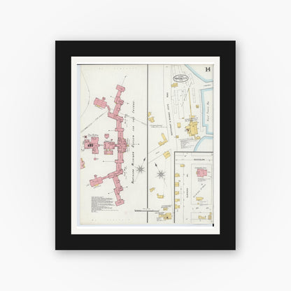Old map wall art mockup — black gallery frame with white mat — Sanborn Fire Insurance Map from Traverse City, Grand Traverse County, Michigan (1899), Sheet #0014