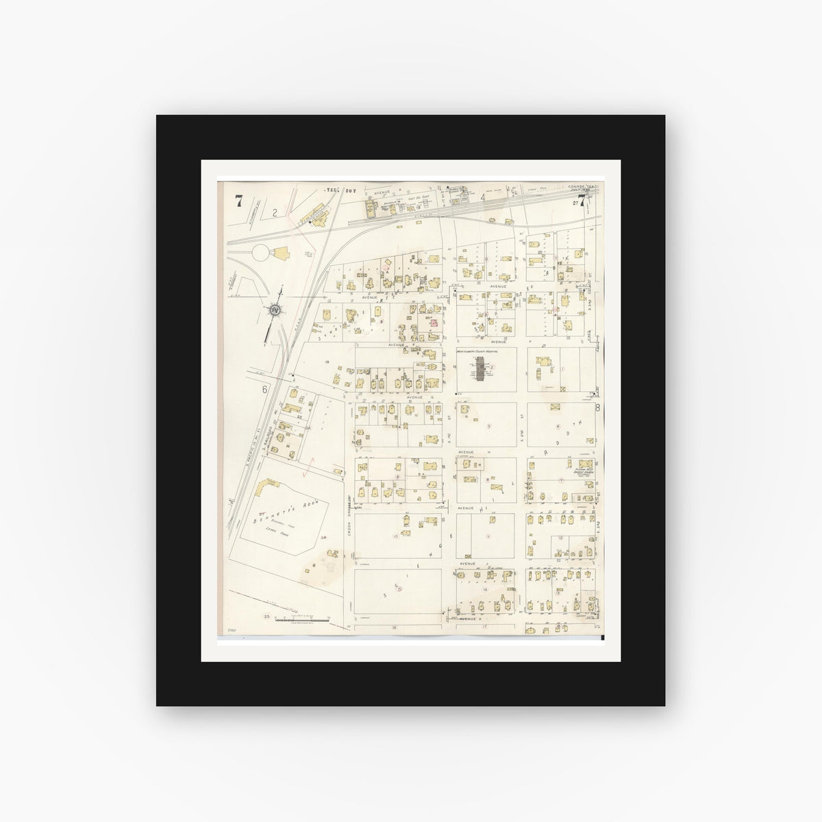 Old map wall art mockup — black gallery frame with white mat — Sanborn Fire Insurance Map from Conroe, Montgomery County, Texas (1943), Sheet #0007