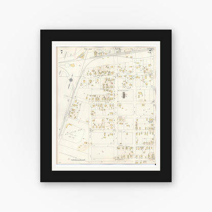 Old map wall art mockup — black gallery frame with white mat — Sanborn Fire Insurance Map from Conroe, Montgomery County, Texas (1943), Sheet #0007