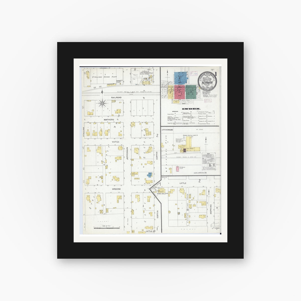 Old map wall art mockup — black gallery frame with white mat — Sanborn Fire Insurance Map from Newman, Douglas County, Illinois (1909), Sheet #0001