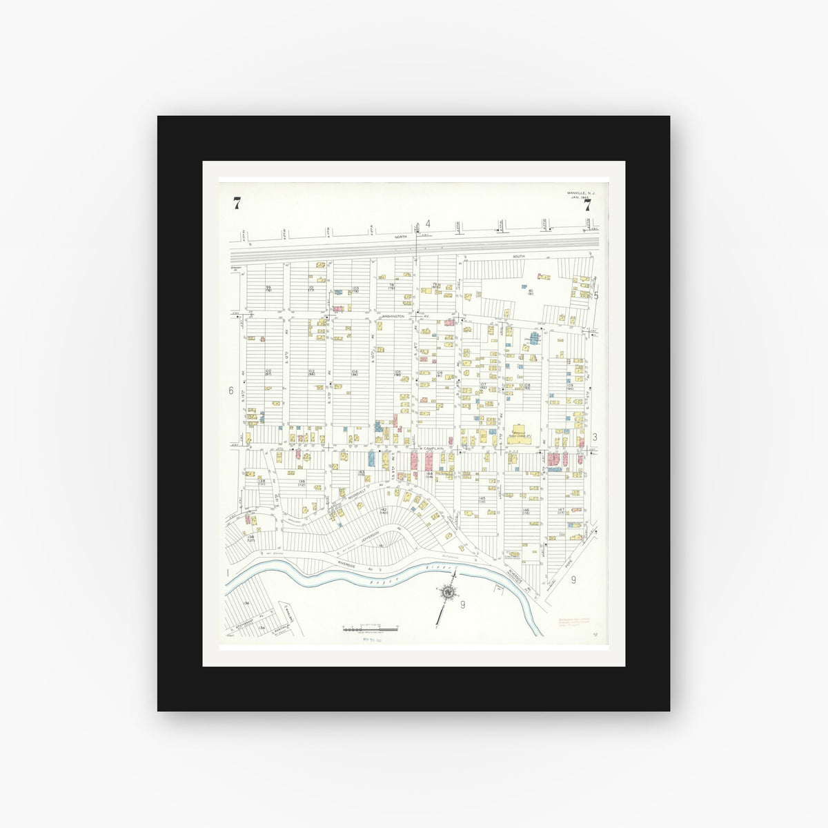Old map wall art mockup — black gallery frame with white mat — Sanborn Fire Insurance Map from Manville, Somerset County, New Jersey (1945), Sheet #0007