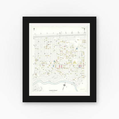 Old map wall art mockup — black gallery frame with white mat — Sanborn Fire Insurance Map from Manville, Somerset County, New Jersey (1945), Sheet #0007