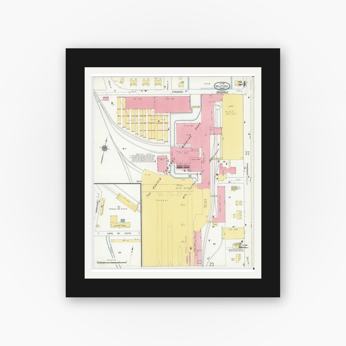 Old map wall art mockup — black gallery frame with white mat — Sanborn Fire Insurance Map from Milford, Worcester County, Massachusetts (1910), Sheet #0024