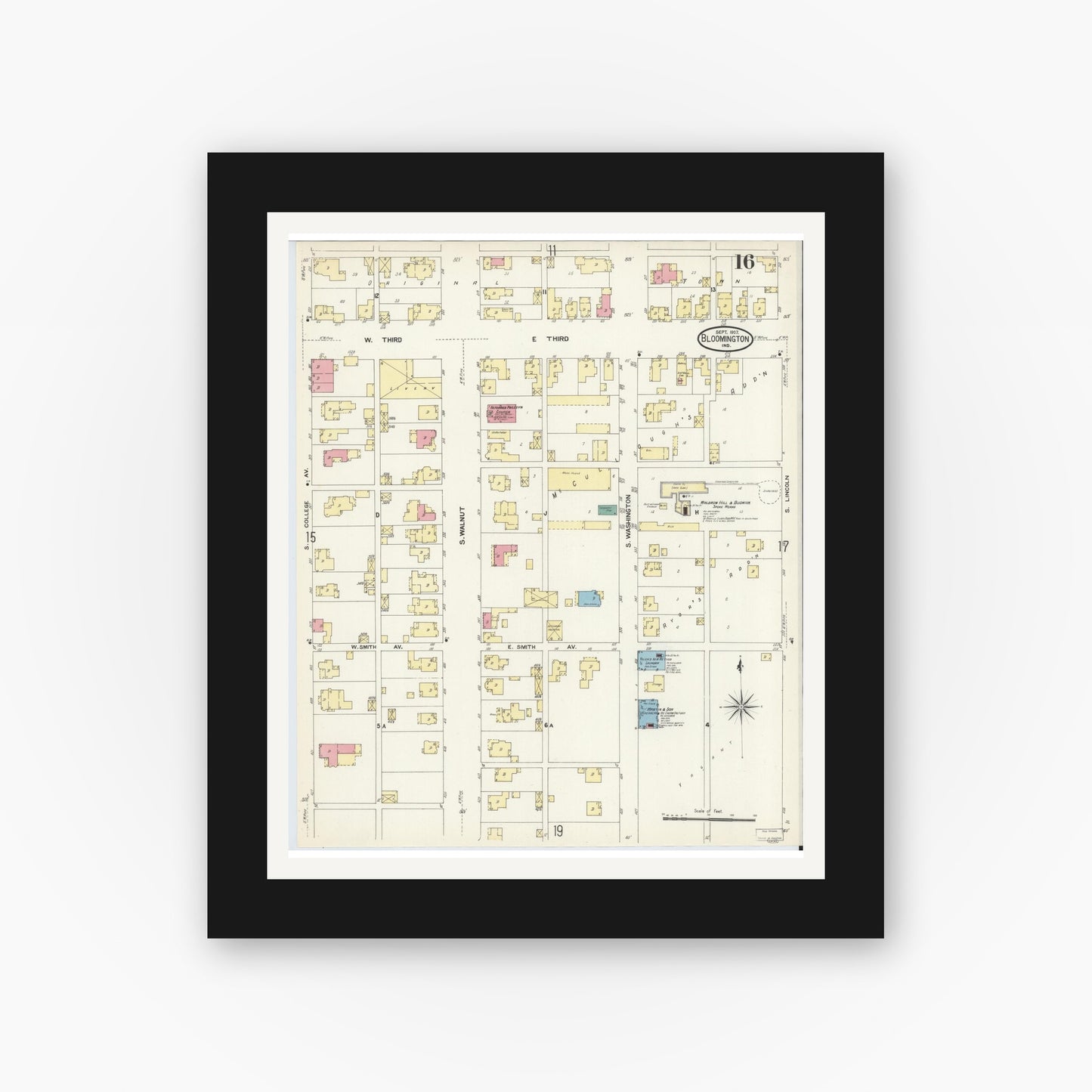 Old map wall art mockup — black gallery frame with white mat — Sanborn Fire Insurance Map from Bloomington, Monroe County, Indiana (1907), Sheet #0016