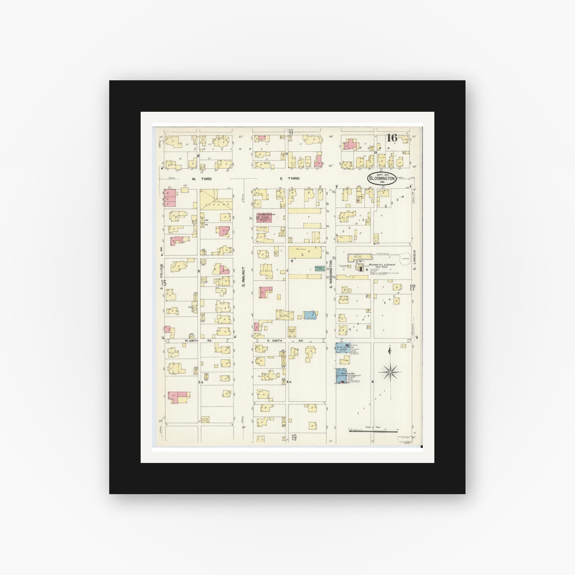 Old map wall art mockup — black gallery frame with white mat — Sanborn Fire Insurance Map from Bloomington, Monroe County, Indiana (1907), Sheet #0016