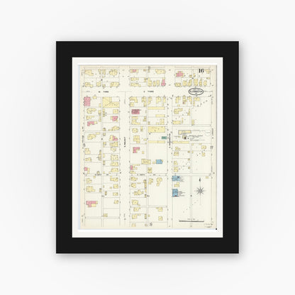 Old map wall art mockup — black gallery frame with white mat — Sanborn Fire Insurance Map from Bloomington, Monroe County, Indiana (1907), Sheet #0016