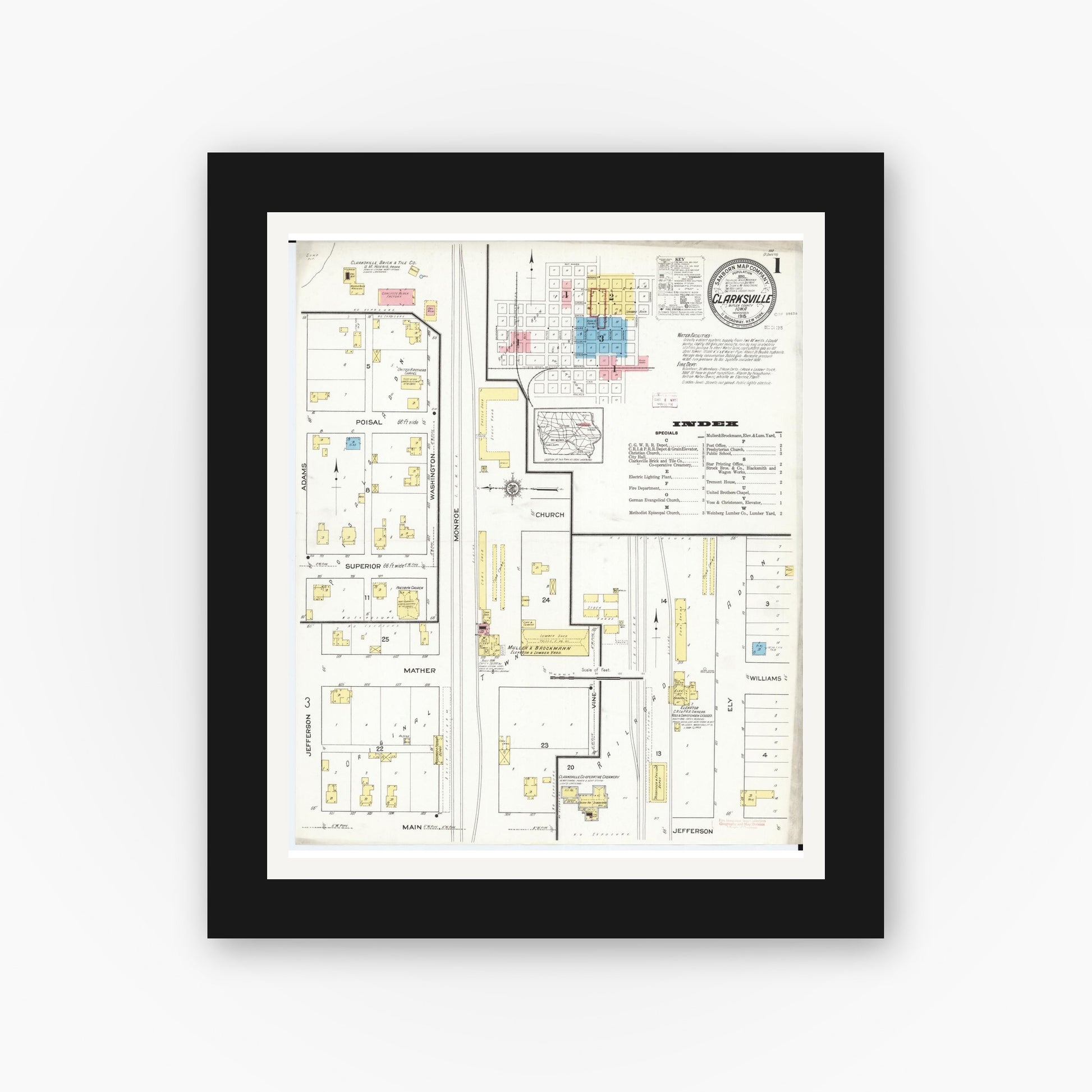 Old map wall art mockup — black gallery frame with white mat — Sanborn Fire Insurance Map from Clarksville, Butler County, Iowa (1915), Sheet #0001