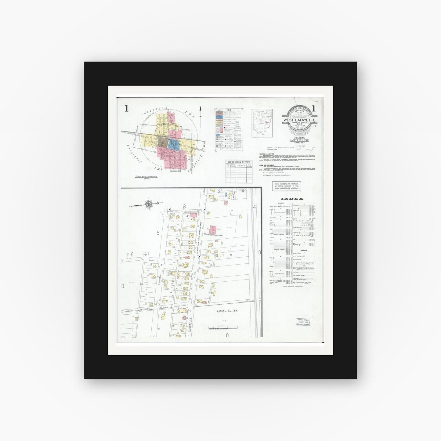 Old map wall art mockup — black gallery frame with white mat — Sanborn Fire Insurance Map from West Lafayette, Coshocton County, Ohio (1946) - Complete Map Set