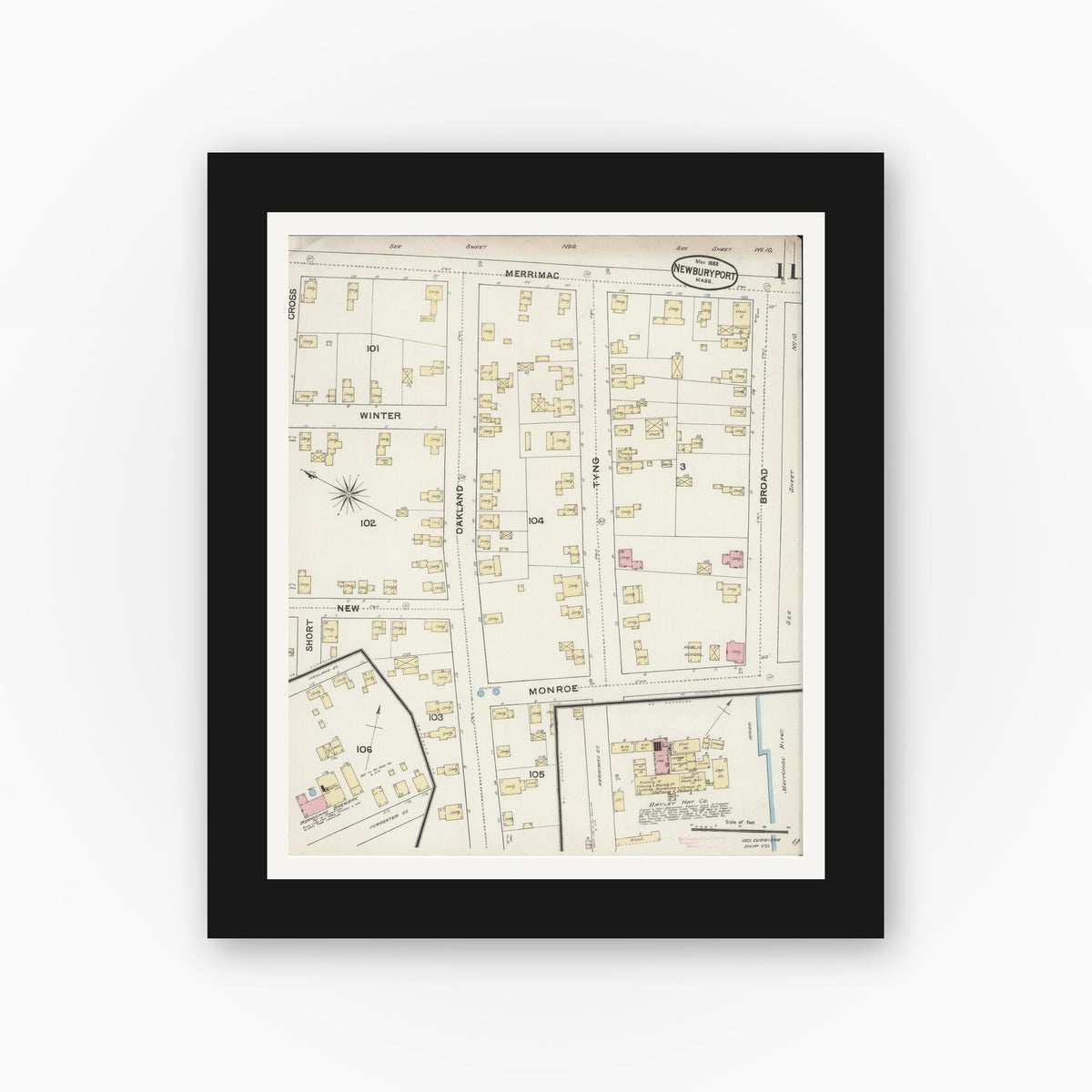 Old map wall art mockup — black gallery frame with white mat — Sanborn Fire Insurance Map from Newburyport, Essex County, Massachusetts (1888), Sheet #0011
