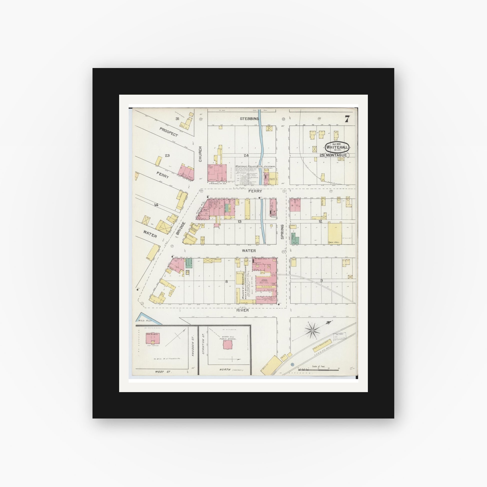 Old map wall art mockup — black gallery frame with white mat — Sanborn Fire Insurance Map from Whitehall, Muskegon County, Michigan (1892), Sheet #0007