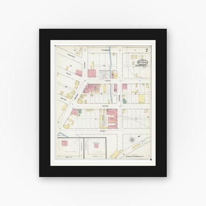 Old map wall art mockup — black gallery frame with white mat — Sanborn Fire Insurance Map from Whitehall, Muskegon County, Michigan (1892), Sheet #0007
