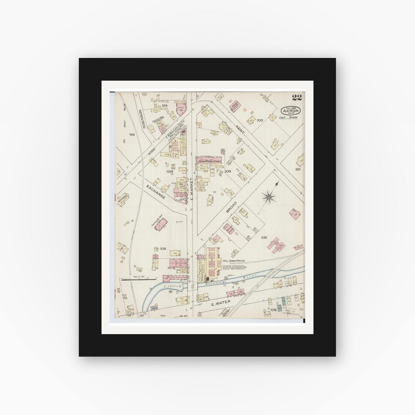 Old map wall art mockup — black gallery frame with white mat — Sanborn Fire Insurance Map from Akron, Summit County, Ohio (1886), Sheet #0022