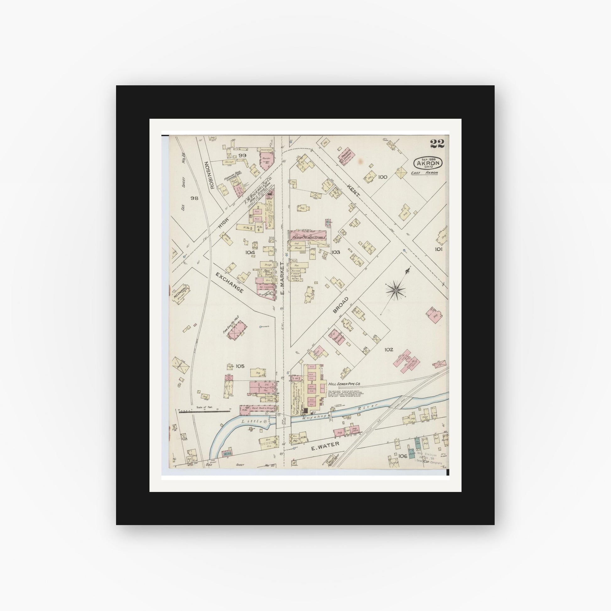 Old map wall art mockup — black gallery frame with white mat — Sanborn Fire Insurance Map from Akron, Summit County, Ohio (1886), Sheet #0022