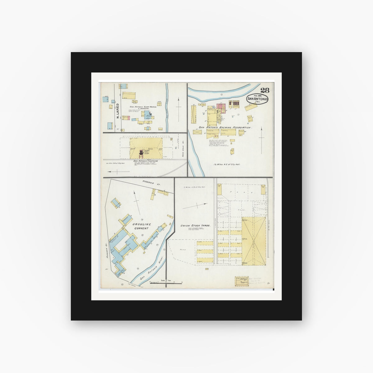 Old map wall art mockup — black gallery frame with white mat — Sanborn Fire Insurance Map from San Antonio, Bexar County, Texas (1892), Sheet #0028
