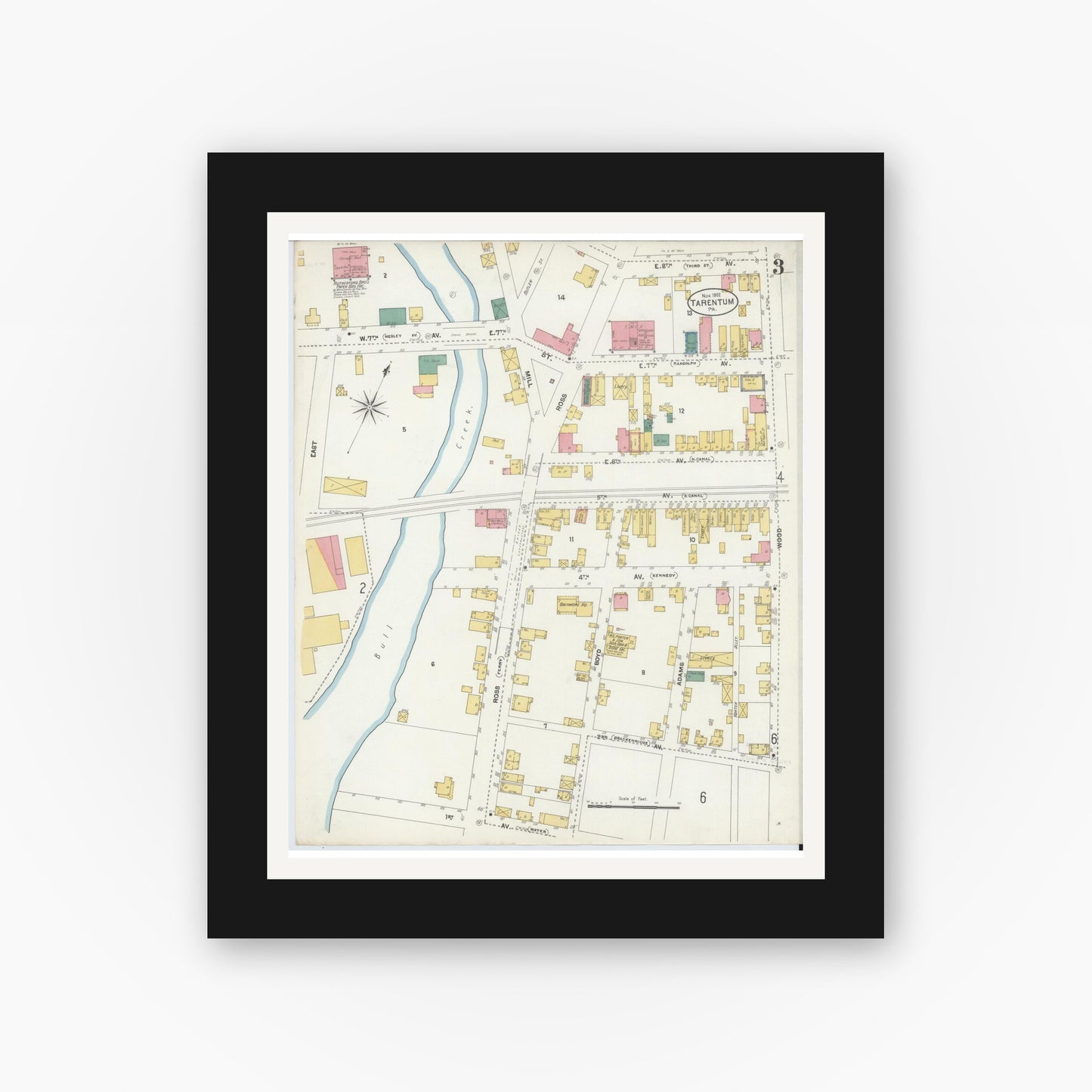 Old map wall art mockup — black gallery frame with white mat — Sanborn Fire Insurance Map from Tarentum, Allegheny County, Pennsylvania (1902), Sheet #0003
