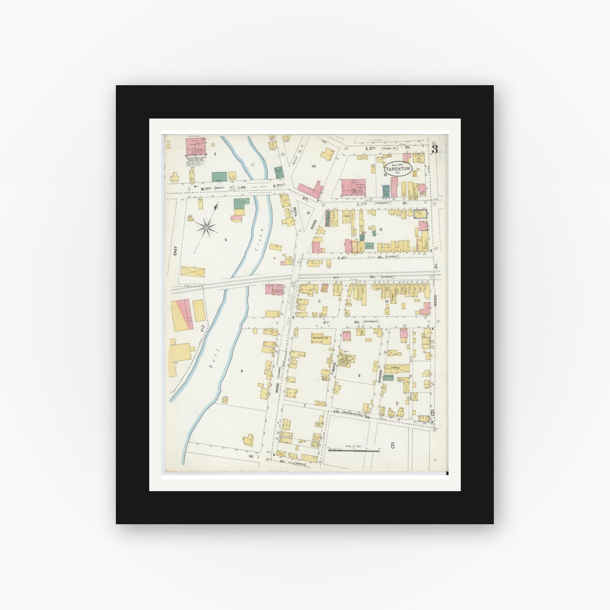 Old map wall art mockup — black gallery frame with white mat — Sanborn Fire Insurance Map from Tarentum, Allegheny County, Pennsylvania (1902), Sheet #0003