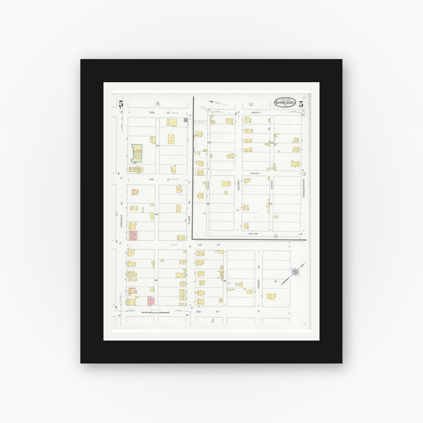 Old map wall art mockup — black gallery frame with white mat — Sanborn Fire Insurance Map from Barnesboro, Cambria County, Pennsylvania (1930), Sheet #0005