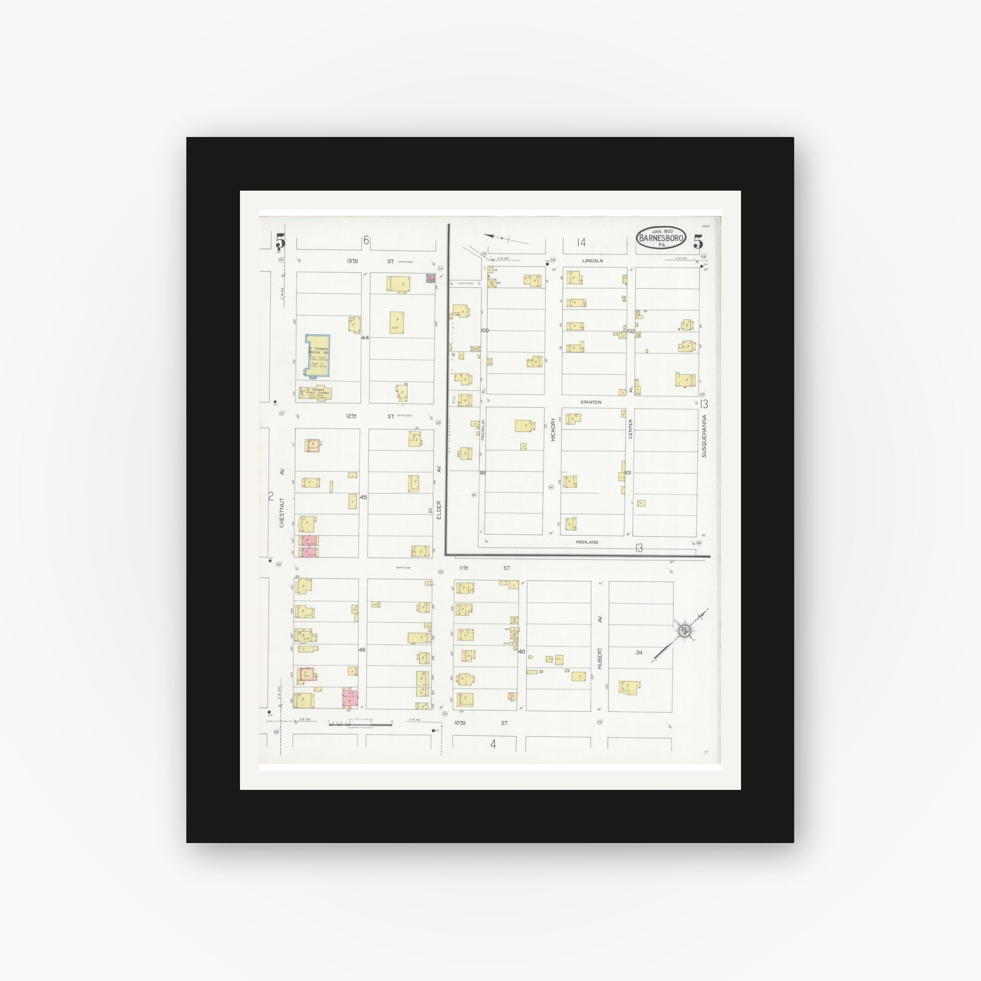 Old map wall art mockup — black gallery frame with white mat — Sanborn Fire Insurance Map from Barnesboro, Cambria County, Pennsylvania (1930), Sheet #0005