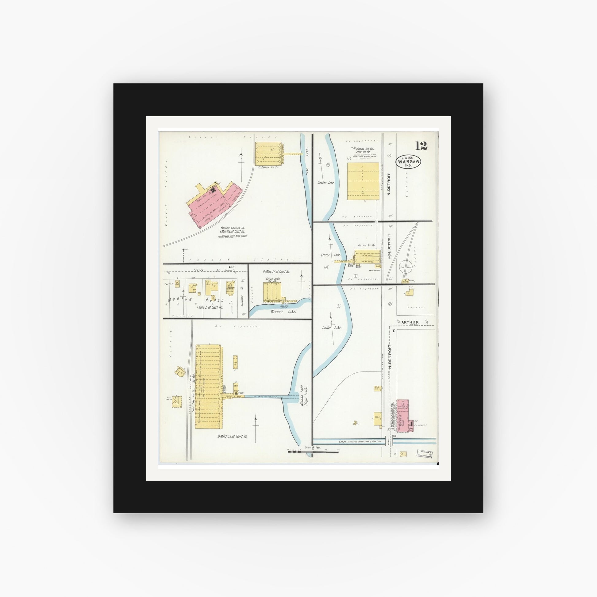 Old map wall art mockup — black gallery frame with white mat — Sanborn Fire Insurance Map from Warsaw, Kosciusko County, Indiana (1905), Sheet #0012