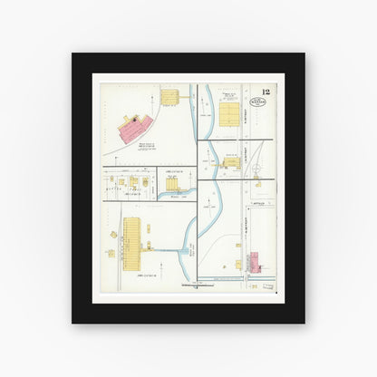 Old map wall art mockup — black gallery frame with white mat — Sanborn Fire Insurance Map from Warsaw, Kosciusko County, Indiana (1905), Sheet #0012