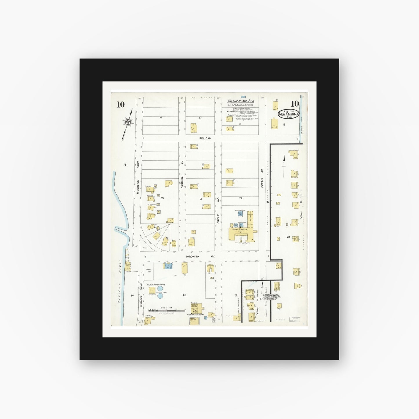 Old map wall art mockup — black gallery frame with white mat — Sanborn Fire Insurance Map from New Smyrna, Valusia County, Florida (1924), Sheet #0010