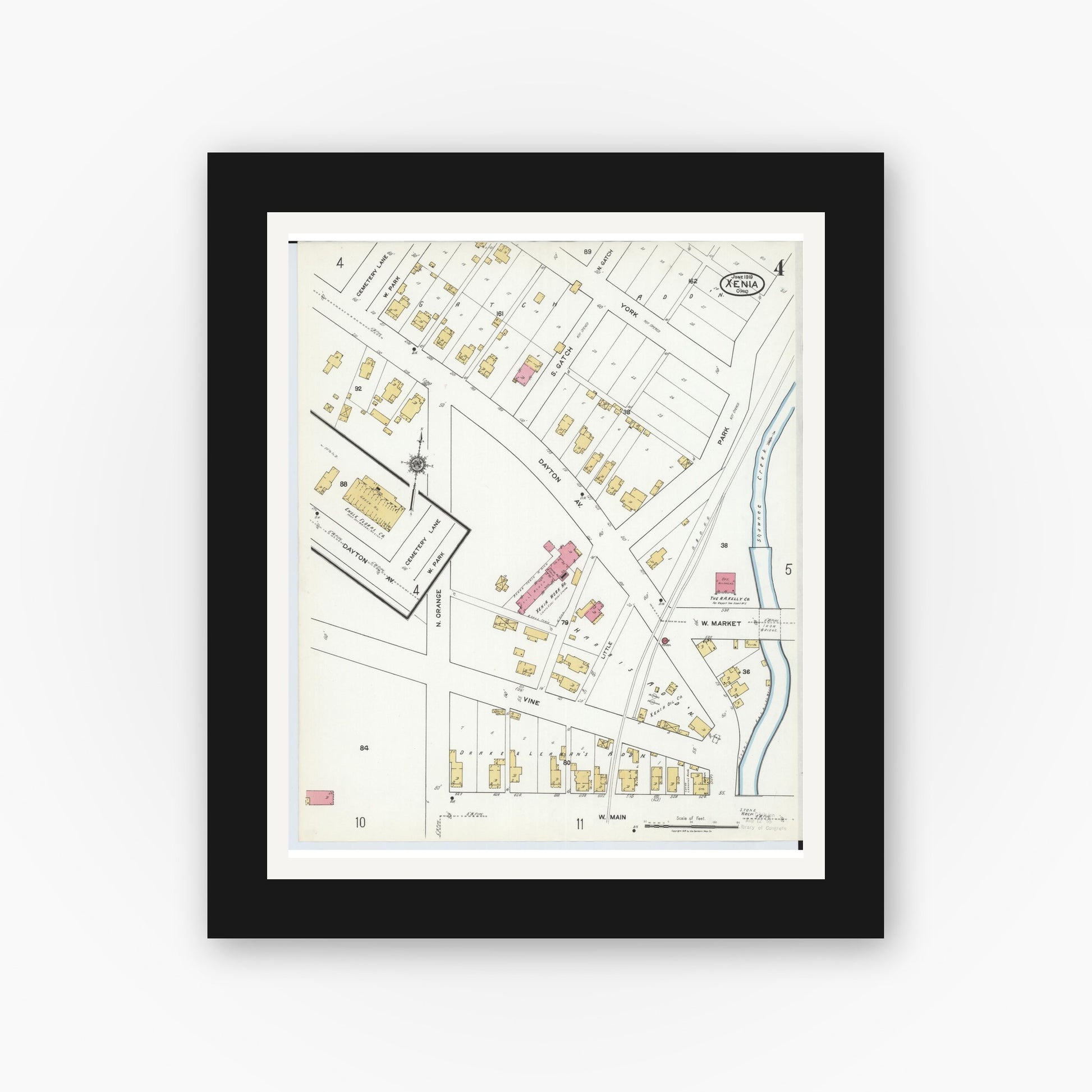 Old map wall art mockup — black gallery frame with white mat — Sanborn Fire Insurance Map from Xenia, Greene County, Ohio (1919), Sheet #0004