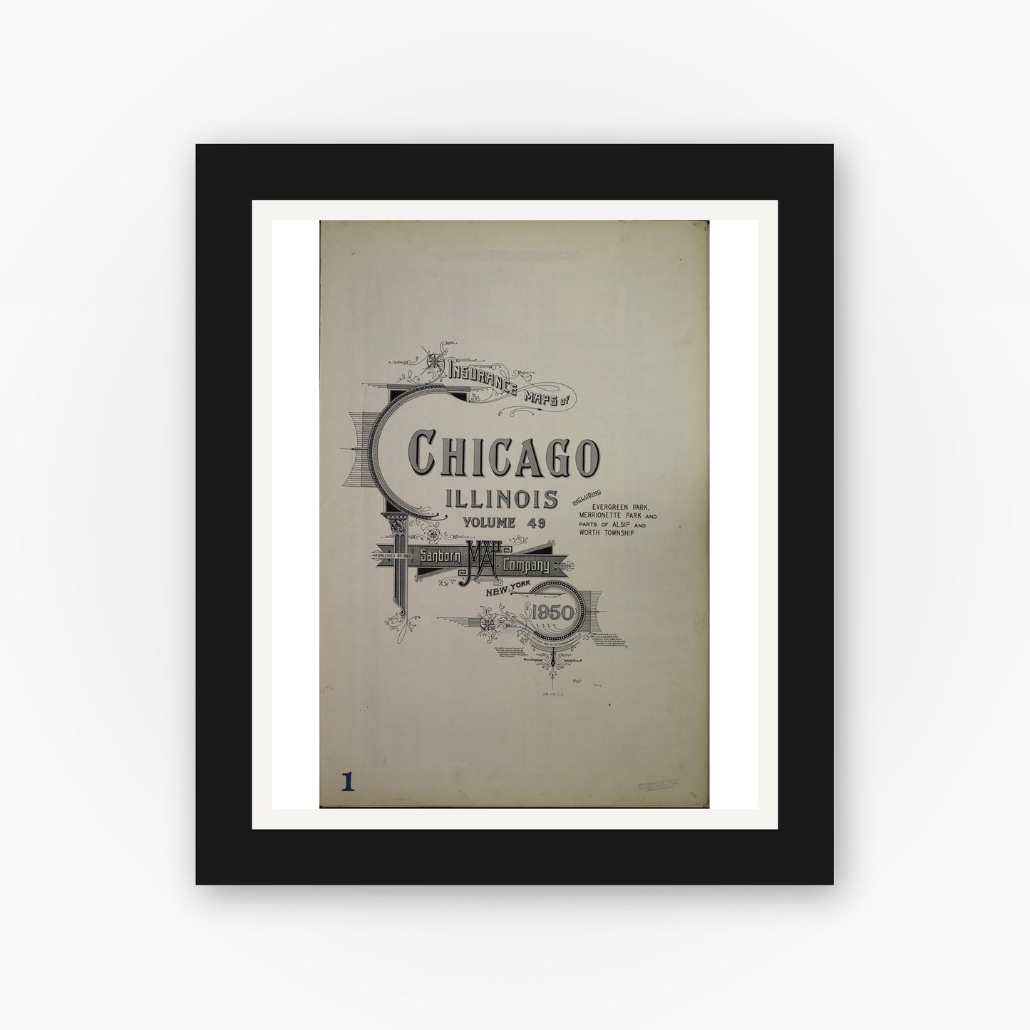 Old map wall art mockup — black gallery frame with white mat — Sanborn Fire Insurance Map from Chicago, Cook County, Illinois (1950), Sheet #0001