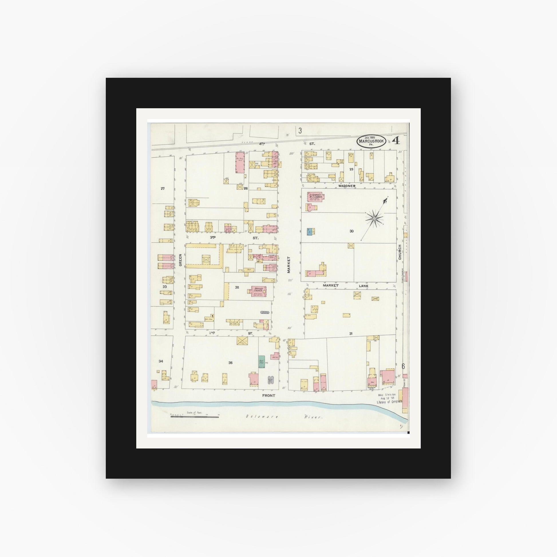 Old map wall art mockup — black gallery frame with white mat — Sanborn Fire Insurance Map from Marcus Hook, Chester County, Pennsylvania (1905), Sheet #0004