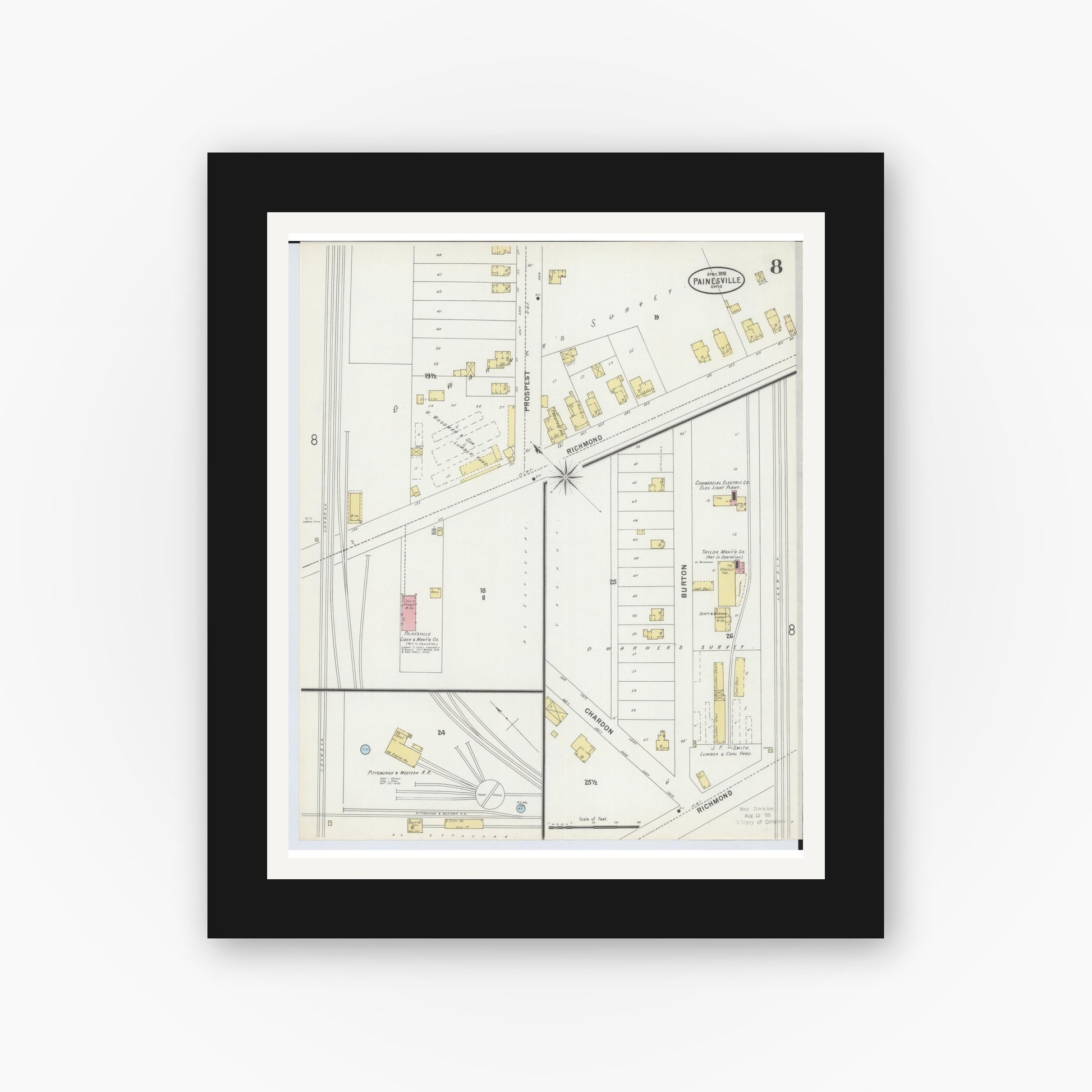 Old map wall art mockup — black gallery frame with white mat — Sanborn Fire Insurance Map from Painesville, Lake County, Ohio (1898), Sheet #0008