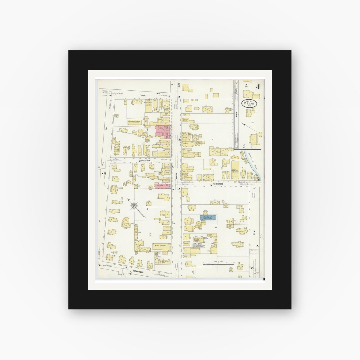 Old map wall art mockup — black gallery frame with white mat — Sanborn Fire Insurance Map from Delhi, Delaware County, New York (1911), Sheet #0004