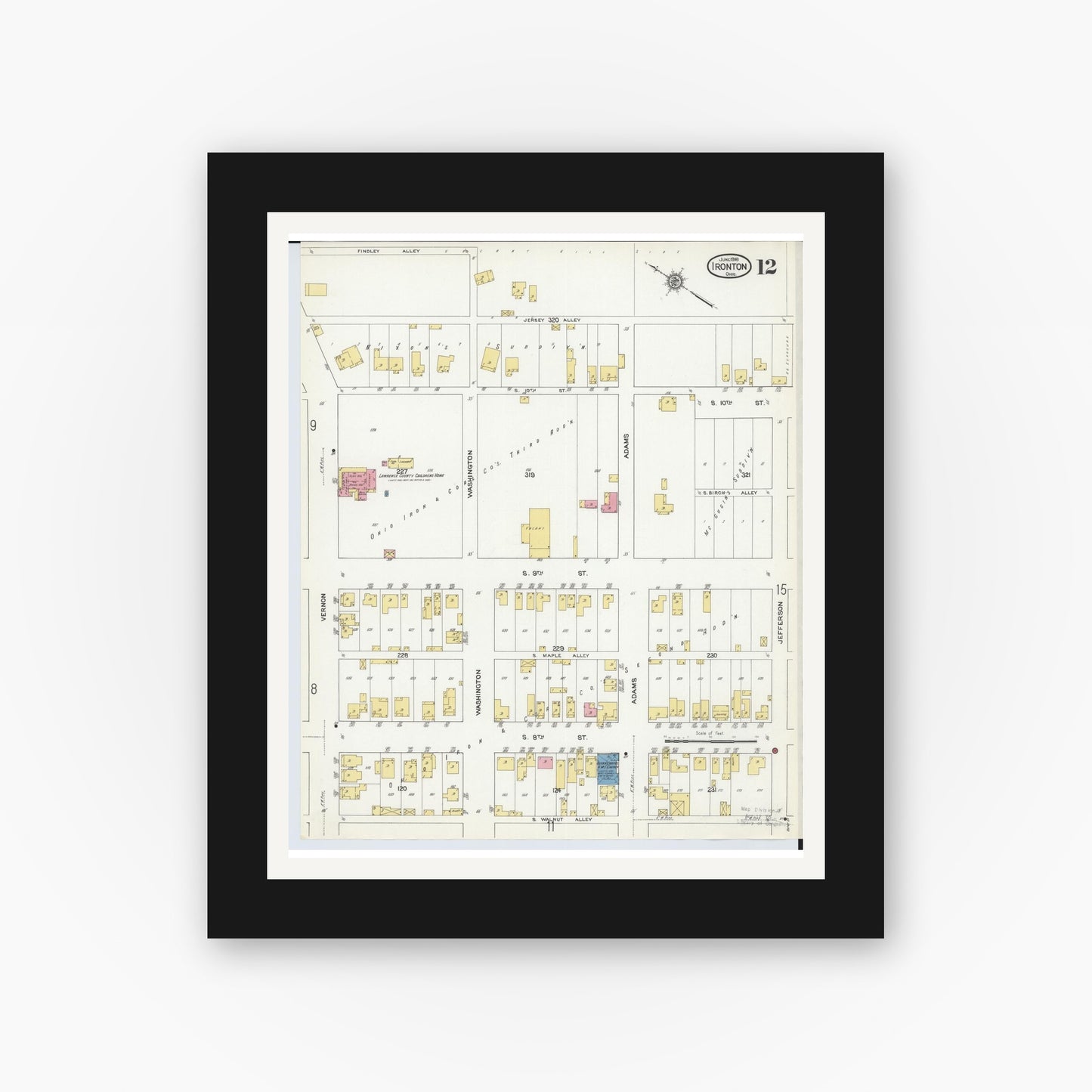 Old map wall art mockup — black gallery frame with white mat — Sanborn Fire Insurance Map from Ironton, Lawrence County, Ohio (1916), Sheet #0012