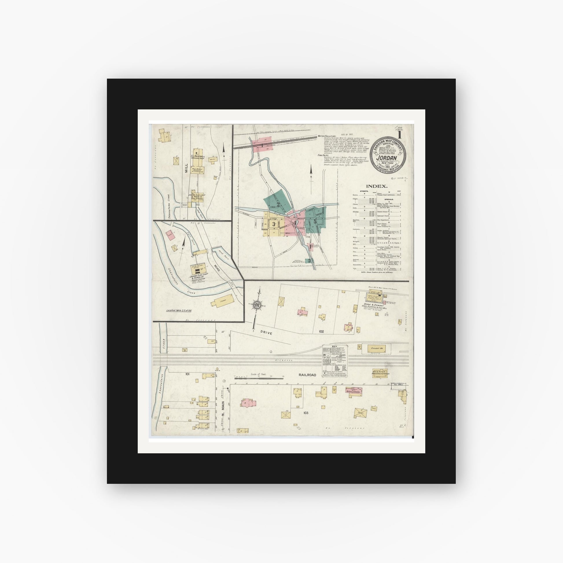 Old map wall art mockup — black gallery frame with white mat — Sanborn Fire Insurance Map from Jordan, Onondaga County, New York (1912), Sheet #0001