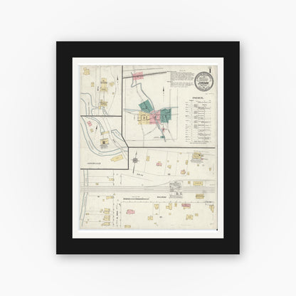 Old map wall art mockup — black gallery frame with white mat — Sanborn Fire Insurance Map from Jordan, Onondaga County, New York (1912), Sheet #0001