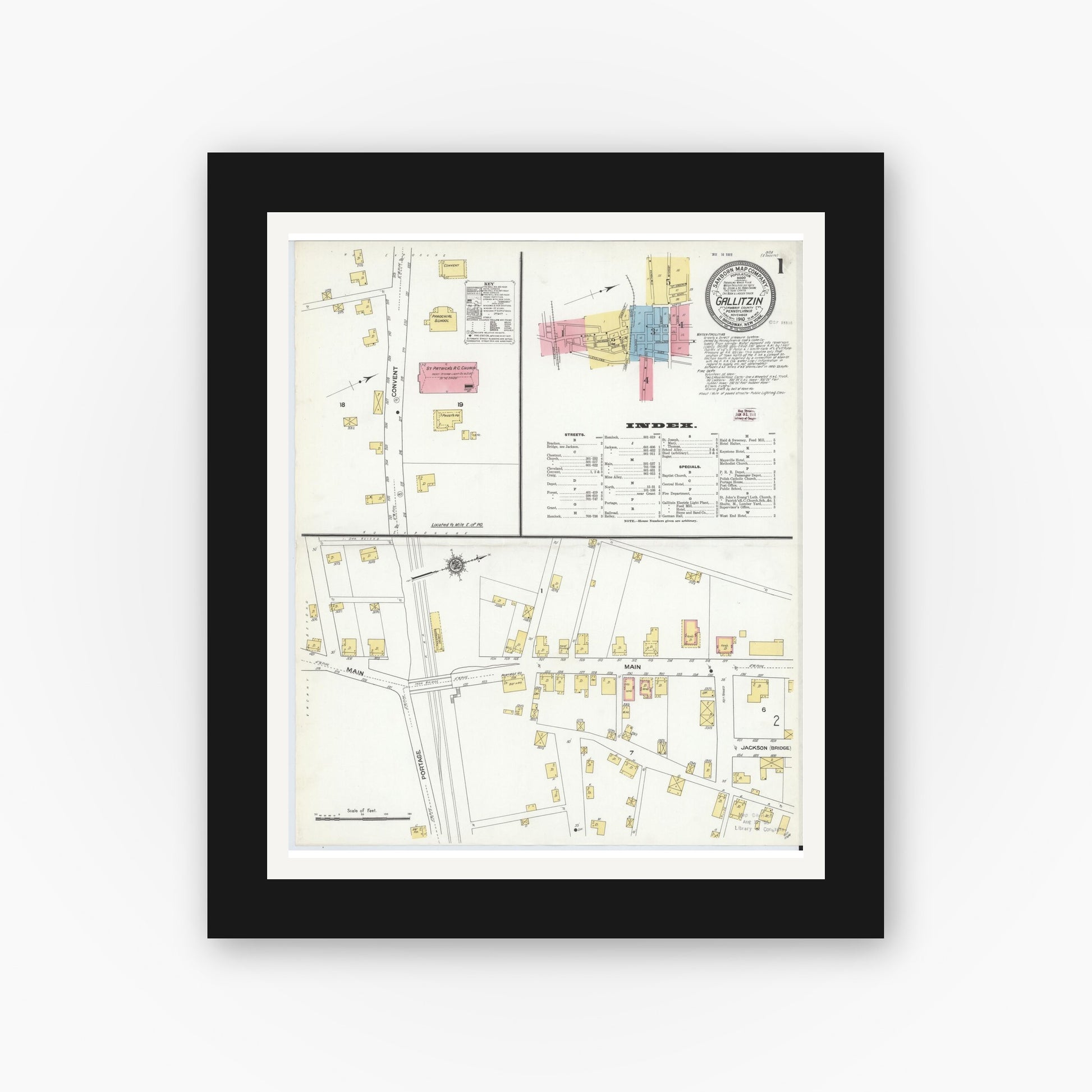 Old map wall art mockup — black gallery frame with white mat — Sanborn Fire Insurance Map from Gallitzin, Cambria County, Pennsylvania (1910), Sheet #0001
