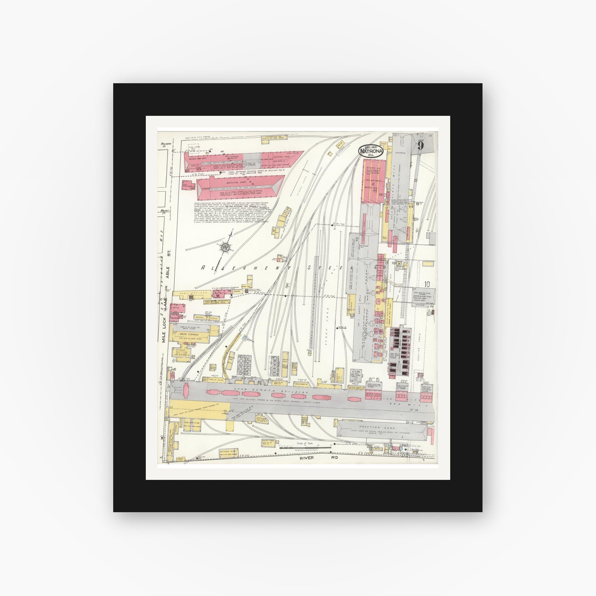Old map wall art mockup — black gallery frame with white mat — Sanborn Fire Insurance Map from Natrona, Allegheny County, Pennsylvania (1921), Sheet #0009