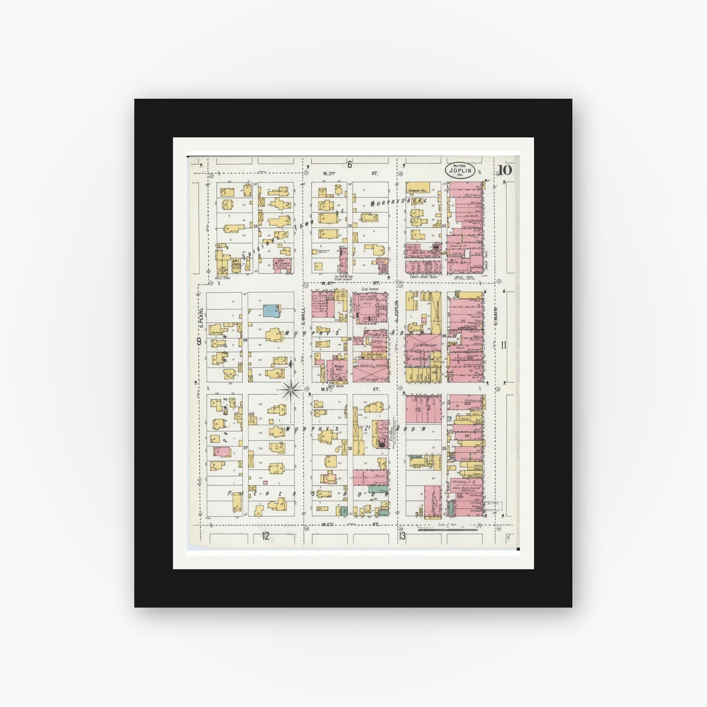 Old map wall art mockup — black gallery frame with white mat — Sanborn Fire Insurance Map from Joplin, Jasper County, Missouri (1900), Sheet #0010