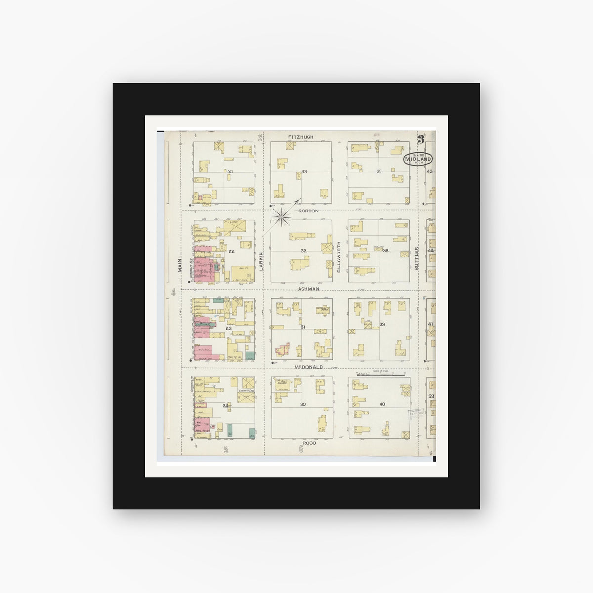 Old map wall art mockup — black gallery frame with white mat — Sanborn Fire Insurance Map from Midland, Midland County, Michigan (1893), Sheet #0003