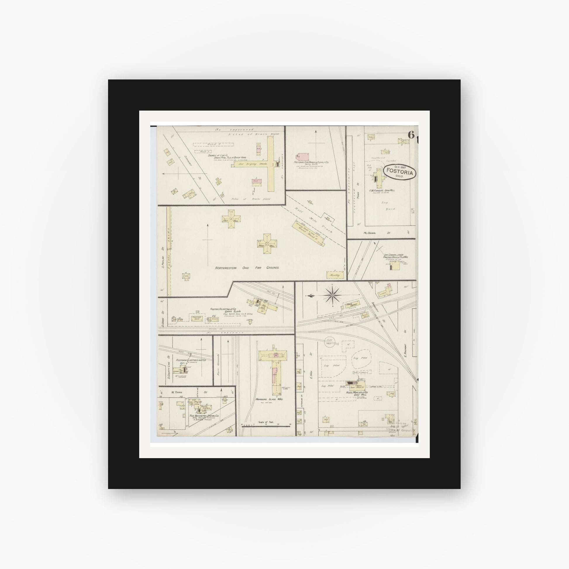 Old map wall art mockup — black gallery frame with white mat — Sanborn Fire Insurance Map from Fostoria, Seneca, Hancock, And Wood Counties, Ohio (1887), Sheet #0006