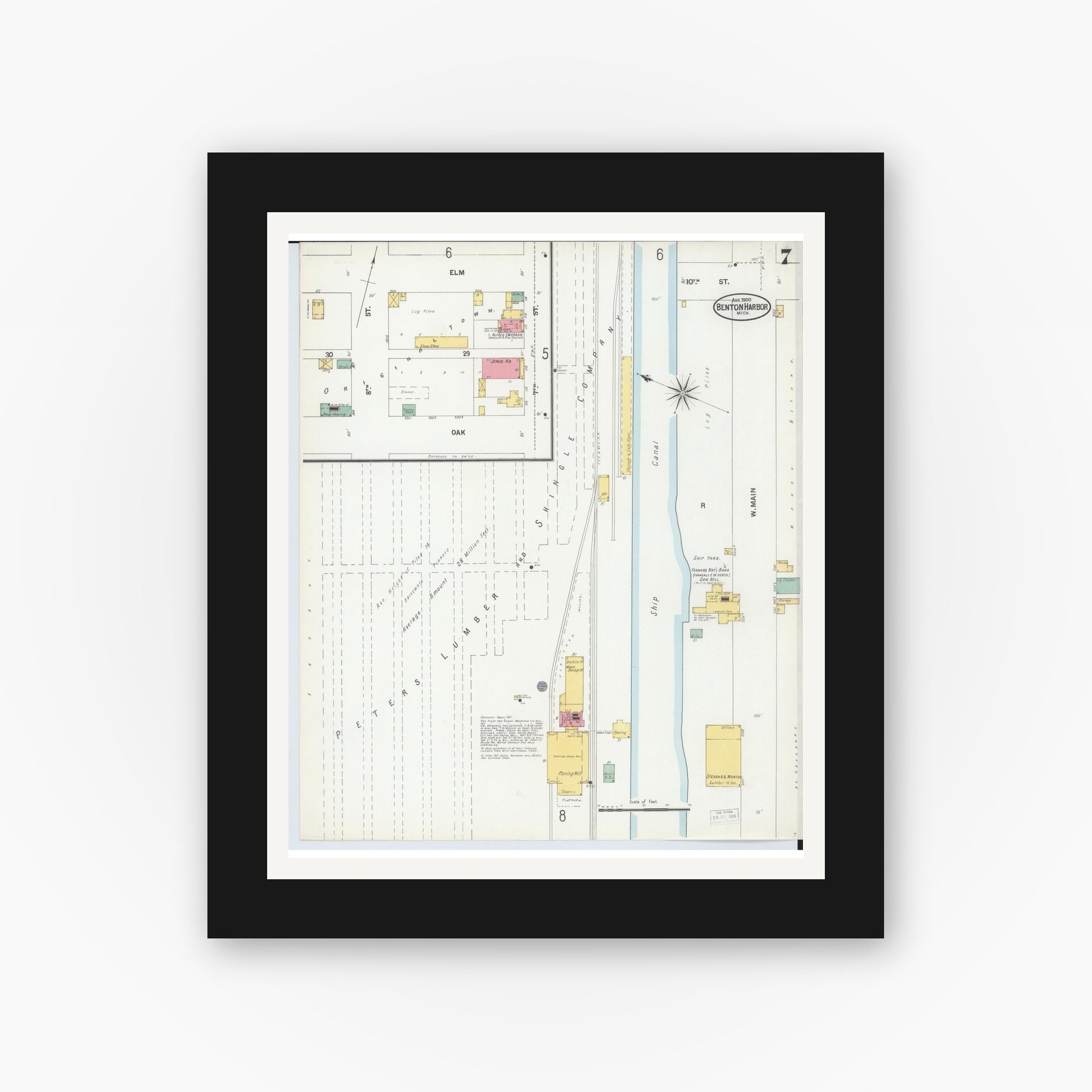 Old map wall art mockup — black gallery frame with white mat — Sanborn Fire Insurance Map from Benton Harbor, Berrien County, Michigan (1900), Sheet #0007
