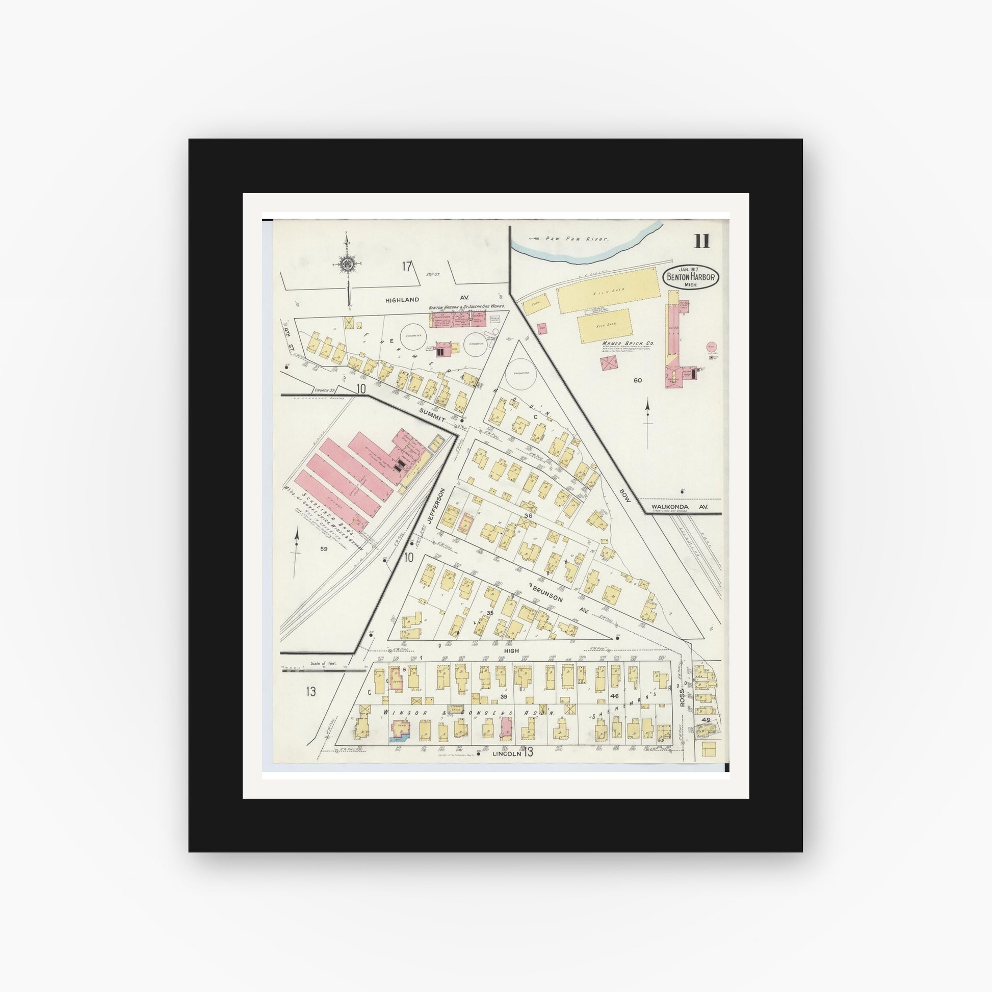 Old map wall art mockup — black gallery frame with white mat — Sanborn Fire Insurance Map from Benton Harbor, Berrien County, Michigan (1917), Sheet #0011