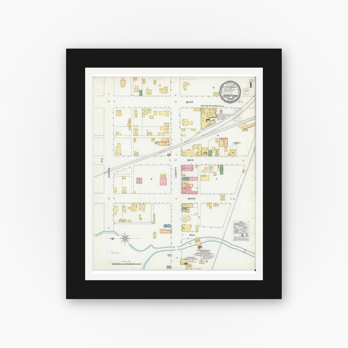Old map wall art mockup — black gallery frame with white mat — Sanborn Fire Insurance Map from Jamestown, Mercer County, Pennsylvania (1900) - Complete Map Set