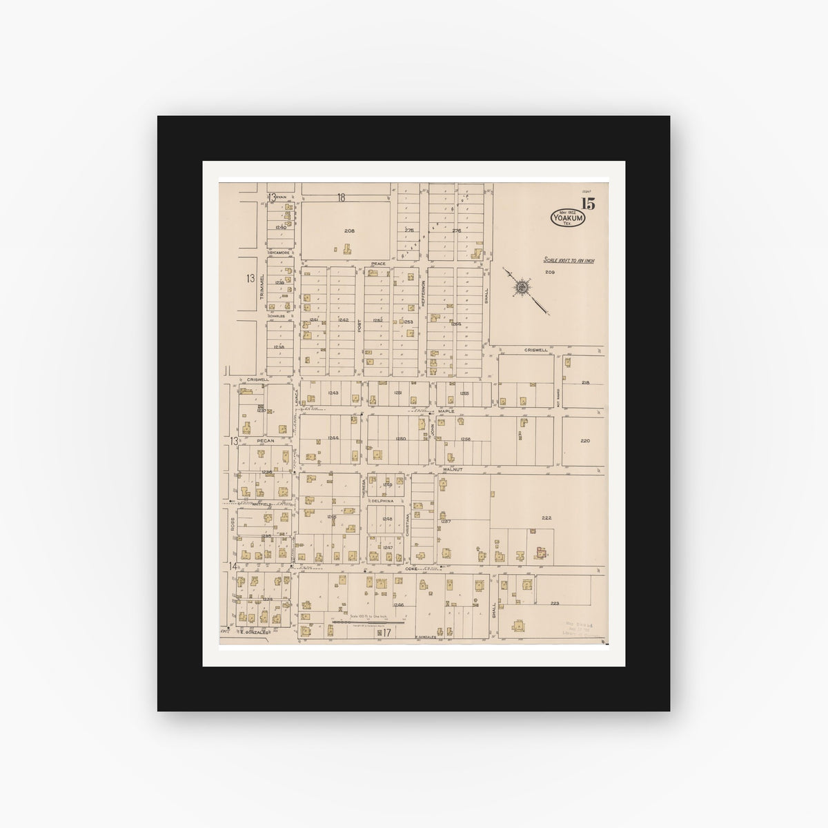 Old map wall art mockup — black gallery frame with white mat — Sanborn Fire Insurance Map from Yoakum, De Witt And Lavaca Counties, Texas (1922), Sheet #0015