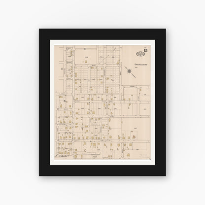 Old map wall art mockup — black gallery frame with white mat — Sanborn Fire Insurance Map from Yoakum, De Witt And Lavaca Counties, Texas (1922), Sheet #0015