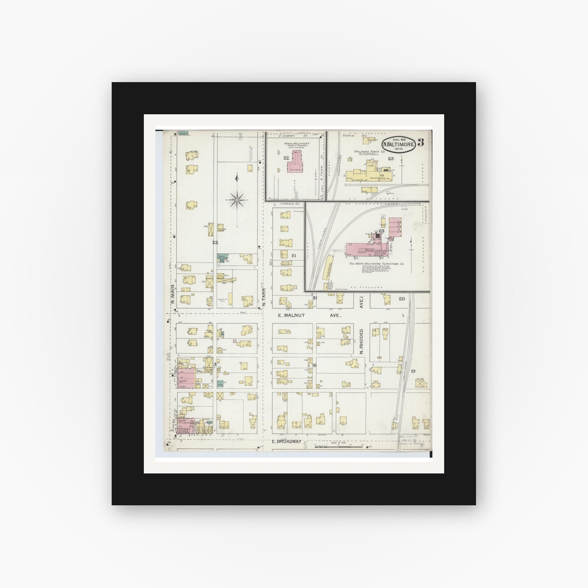 Old map wall art mockup — black gallery frame with white mat — Sanborn Fire Insurance Map from North Baltimore, Wood County, Ohio (1893), Sheet #0003