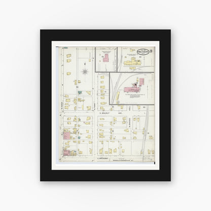 Old map wall art mockup — black gallery frame with white mat — Sanborn Fire Insurance Map from North Baltimore, Wood County, Ohio (1893), Sheet #0003