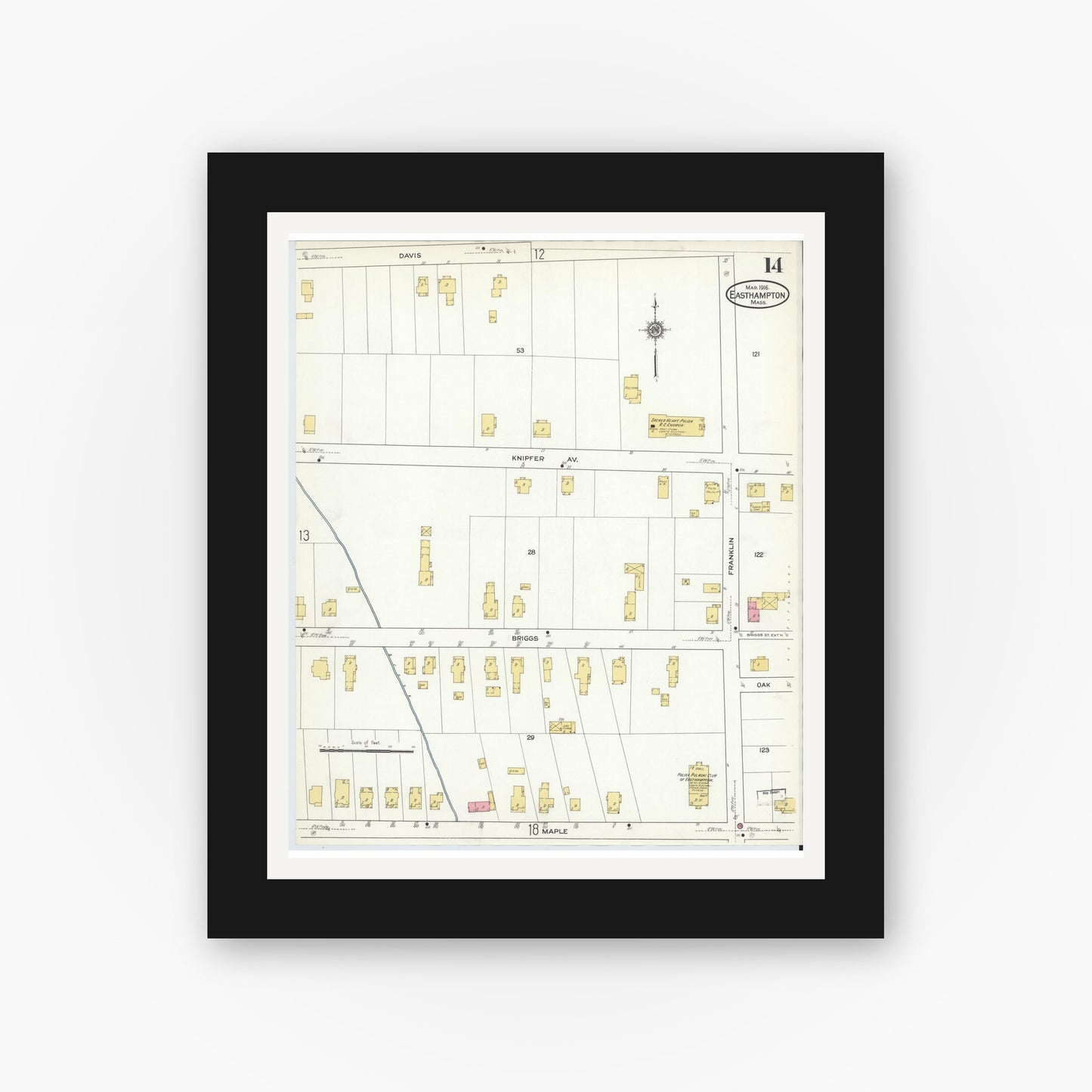 Old map wall art mockup — black gallery frame with white mat — Sanborn Fire Insurance Map from East Hampton, Hampshire County, Massachusetts (1916), Sheet #0014