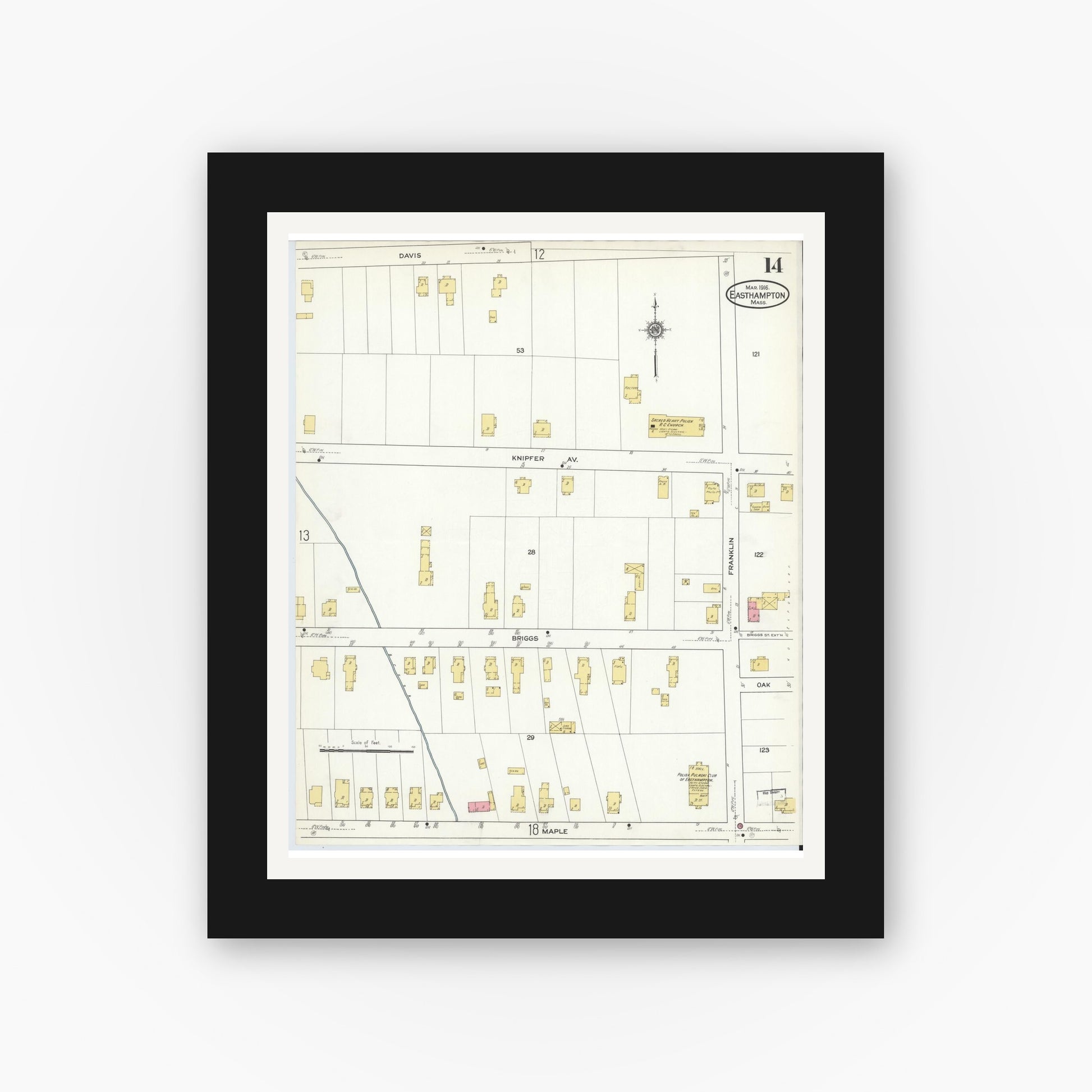 Old map wall art mockup — black gallery frame with white mat — Sanborn Fire Insurance Map from East Hampton, Hampshire County, Massachusetts (1916), Sheet #0014